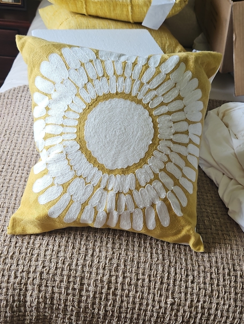 Decorative Mustard Yellow Embroidered Throw Pillow with White Sunburst 18x18